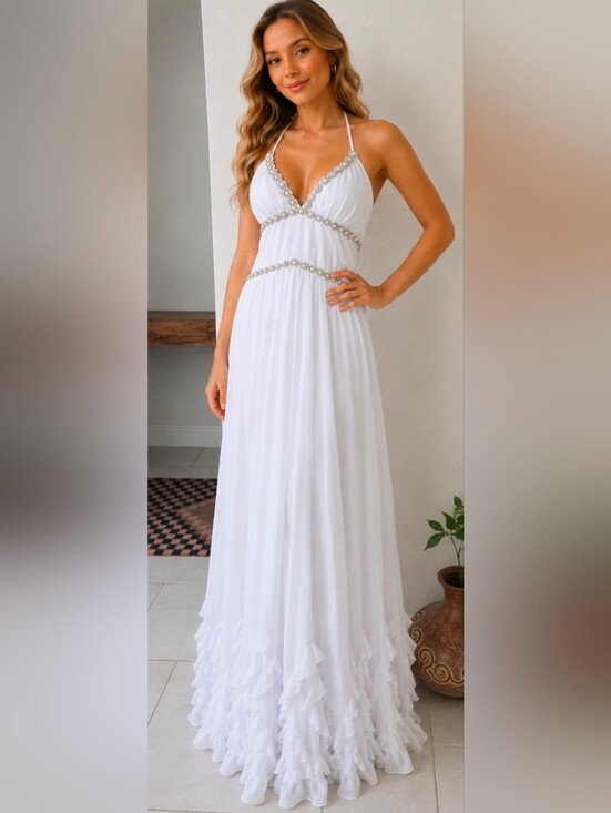No Label Dresses & Skirts - White Beaded V-Neck Maxi Dress
